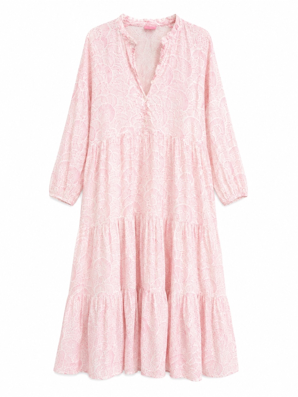 Pink Lace-Pattern Tiered Midi Dress